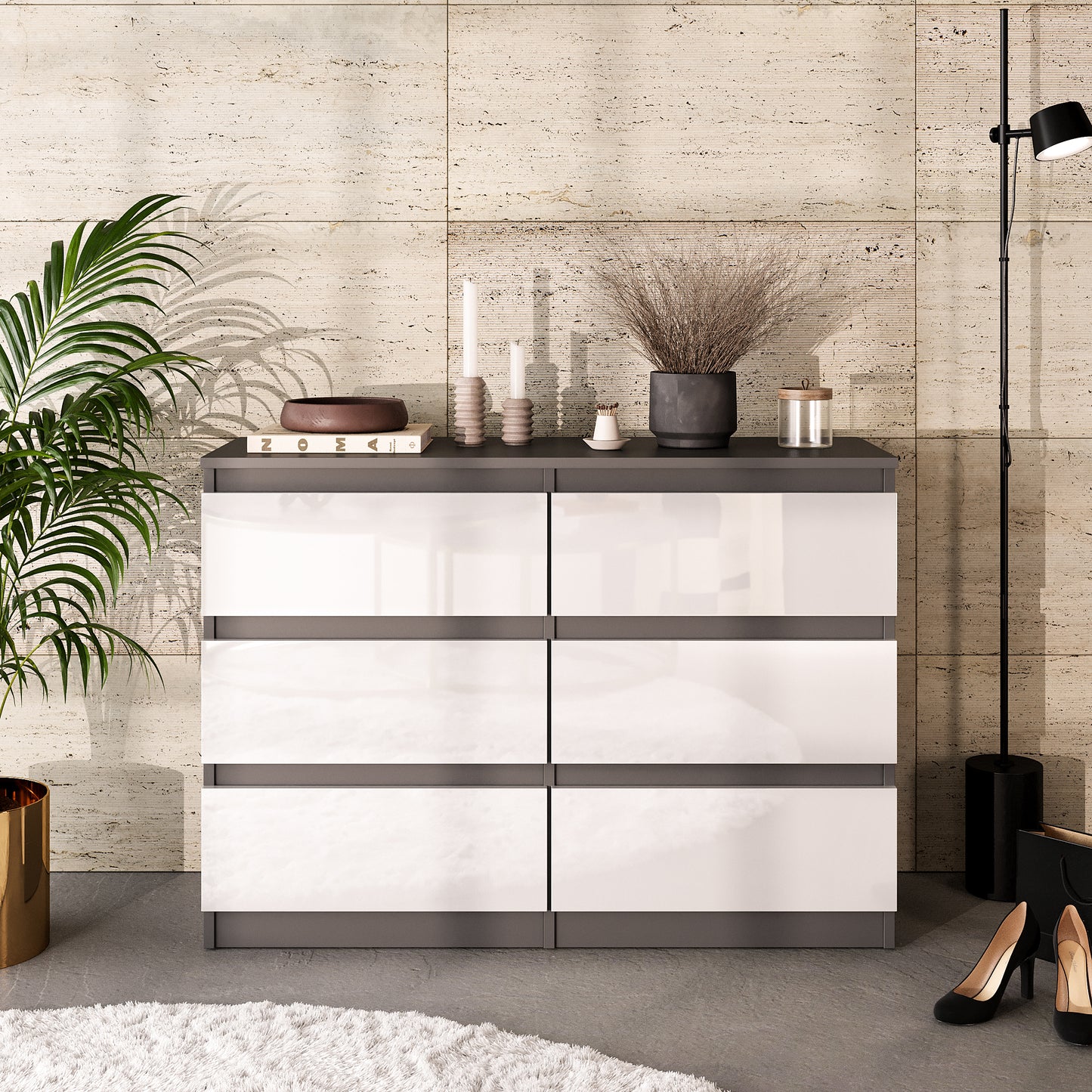 GABRIEL - Commode 6 Tiroirs - Buffet de Chevet - H71 cm L100 cm P33 cm (Anthracite / Blanc Brillant)