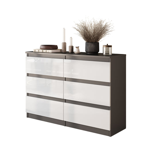GABRIEL - Commode 6 Tiroirs - Buffet de Chevet - H71 cm L100 cm P33 cm (Anthracite / Blanc Brillant)
