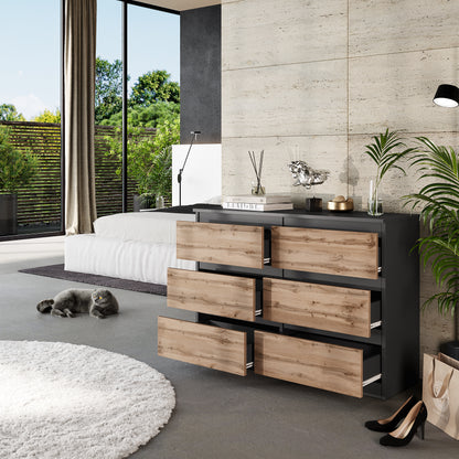 GABRIEL - Commode 6 Tiroirs - Buffet de Chevet - H71 cm L100 cm P33 cm (Anthracite / Chêne Wotan)
