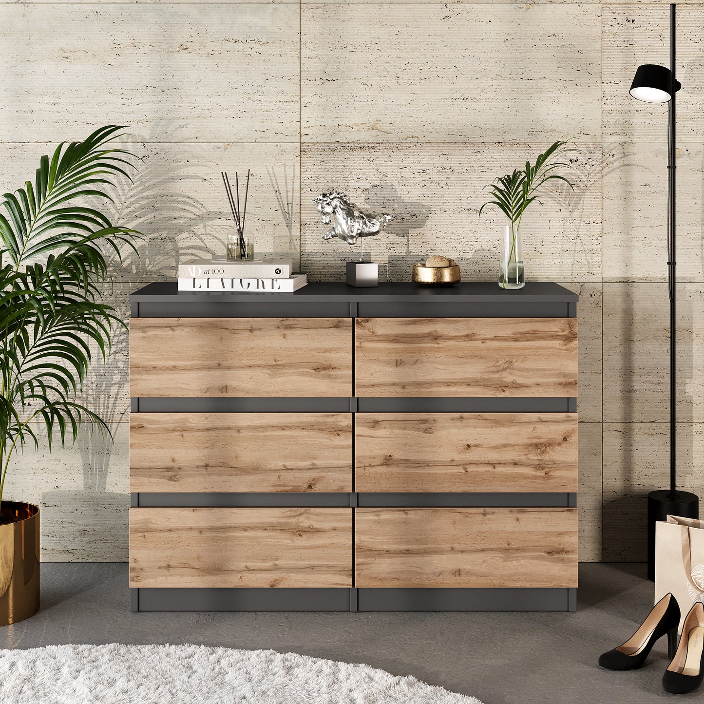 GABRIEL - Commode 6 Tiroirs - Buffet de Chevet - H71 cm L100 cm P33 cm (Anthracite / Chêne Wotan)
