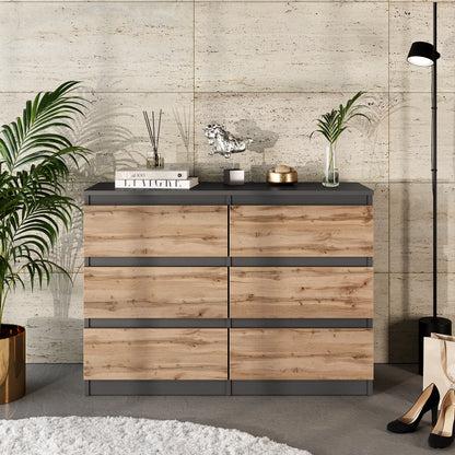 GABRIEL - Commode 6 Tiroirs - Buffet de Chevet - H71 cm L100 cm P33 cm (Anthracite / Chêne Wotan)
