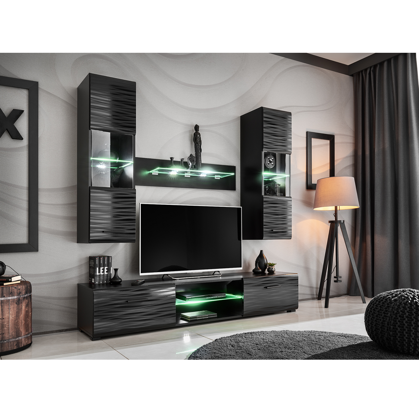 Unité Murale TV BLADE MINI - Ensemble de Meubles TV / Ensemble de Meubles de Salon - Noir Matt / Sahara 3D