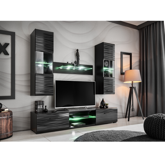 Unité Murale TV BLADE MINI - Ensemble de Meubles TV / Ensemble de Meubles de Salon - Noir Matt / Sahara 3D