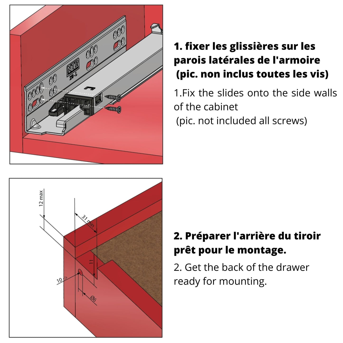 Ensemble de glissières dissimulée à fermeture silencieuse (gauche et droite), extension complète 250-600mm