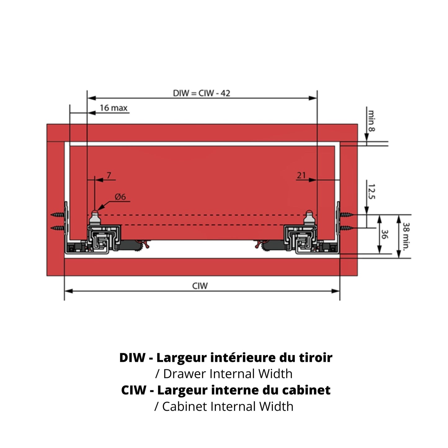 Ensemble de glissières dissimulée à fermeture silencieuse (gauche et droite), extension complète 250-600mm