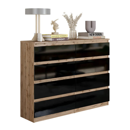 GABRIEL - Commode 8 Tiroirs - Buffet de Chevet - H92 cm L120 cm P33 cm (Chêne Wotan / Noir Brillant)