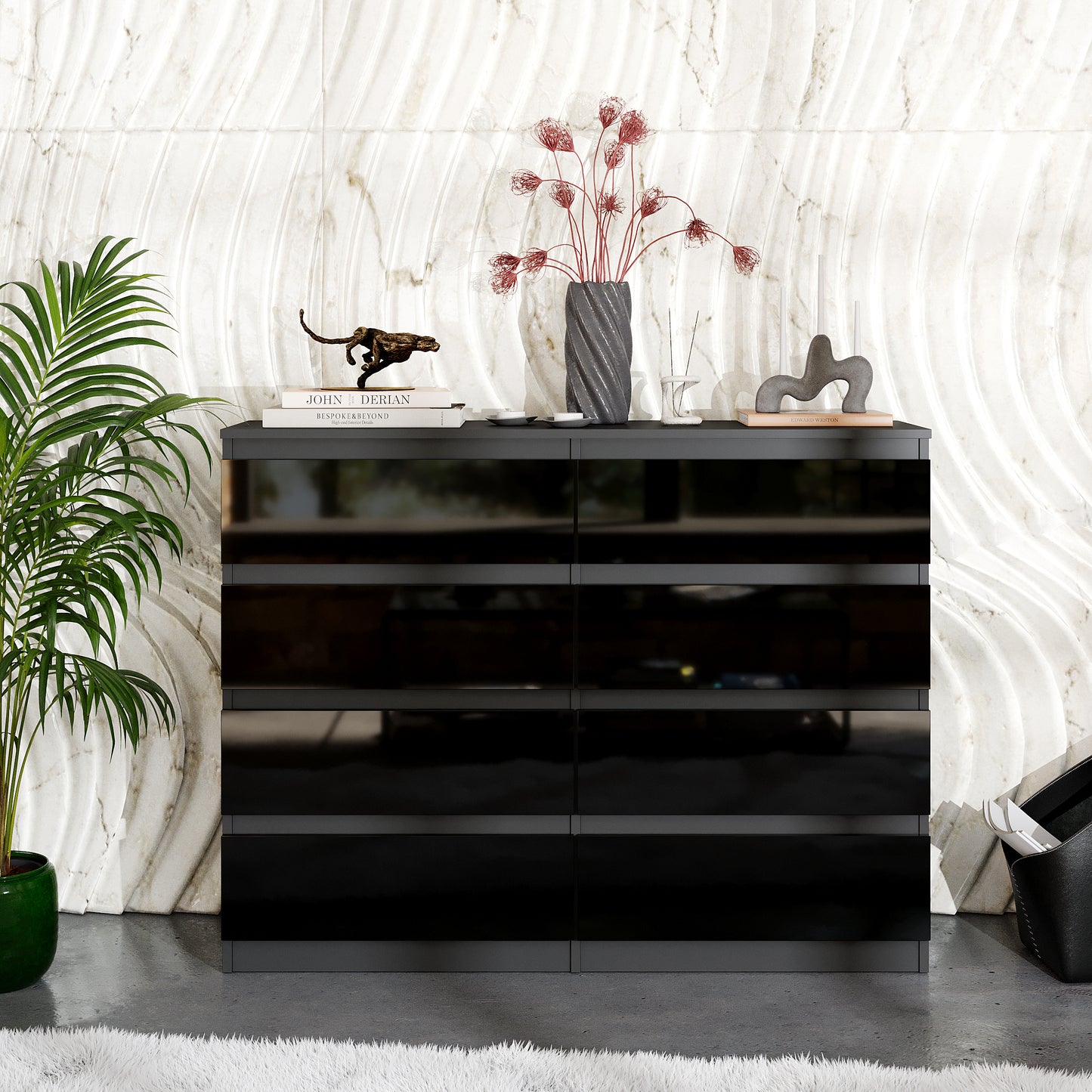 GABRIEL - Commode 8 Tiroirs - Buffet de Chevet - H92 cm L120 cm P33 cm (Anthracite / Noir Brillant)