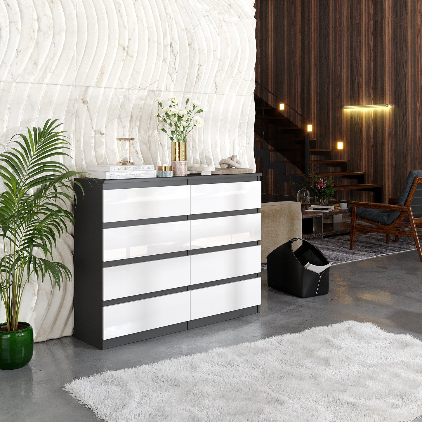 GABRIEL - Commode 8 Tiroirs - Buffet de Chevet - H92 cm L120 cm P33 cm (Anthracite / Blanc Brillant)