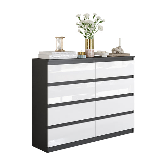 GABRIEL - Commode 8 Tiroirs - Buffet de Chevet - H92 cm L120 cm P33 cm (Anthracite / Blanc Brillant)