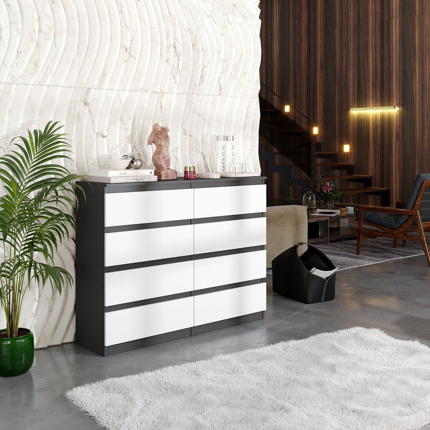 GABRIEL - Commode 8 Tiroirs - Buffet de Chevet - H92 cm L120 cm P33 cm (Anthracite / Blanc Matt)