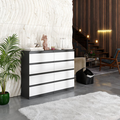 GABRIEL - Commode 8 Tiroirs - Buffet de Chevet - H92 cm L120 cm P33 cm (Anthracite / Blanc Matt)
