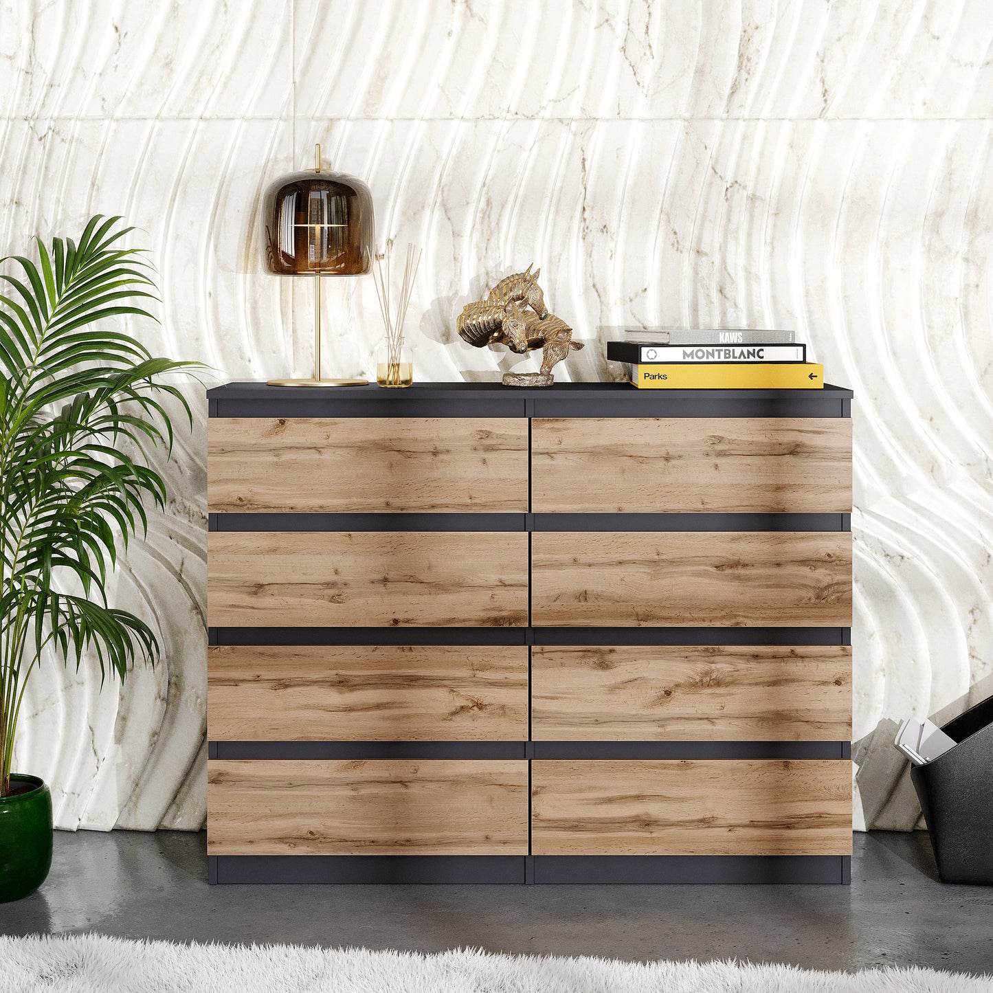 GABRIEL - Commode 8 Tiroirs - Buffet de Chevet - H92 cm L120 cm P33 cm (Anthracite / Chêne Wotan)
