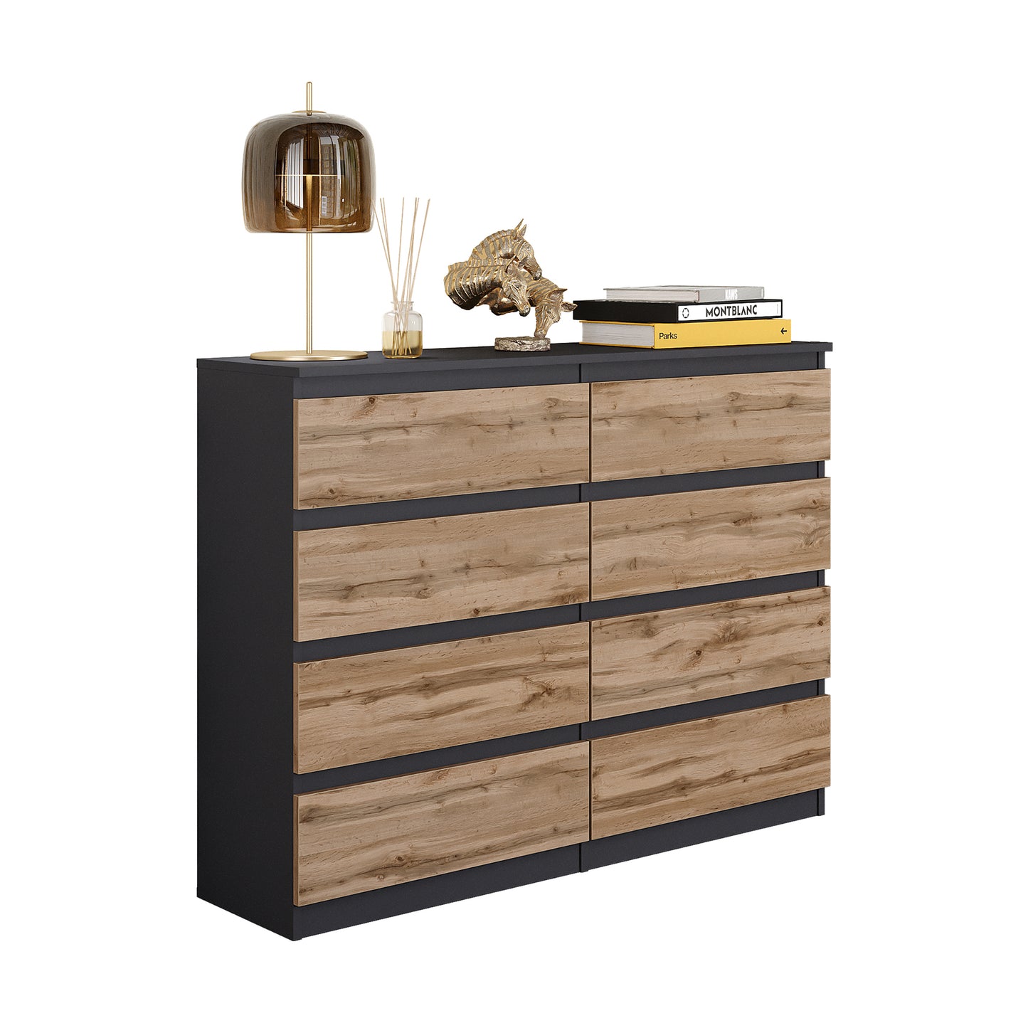 GABRIEL - Commode 8 Tiroirs - Buffet de Chevet - H92 cm L120 cm P33 cm (Anthracite / Chêne Wotan)