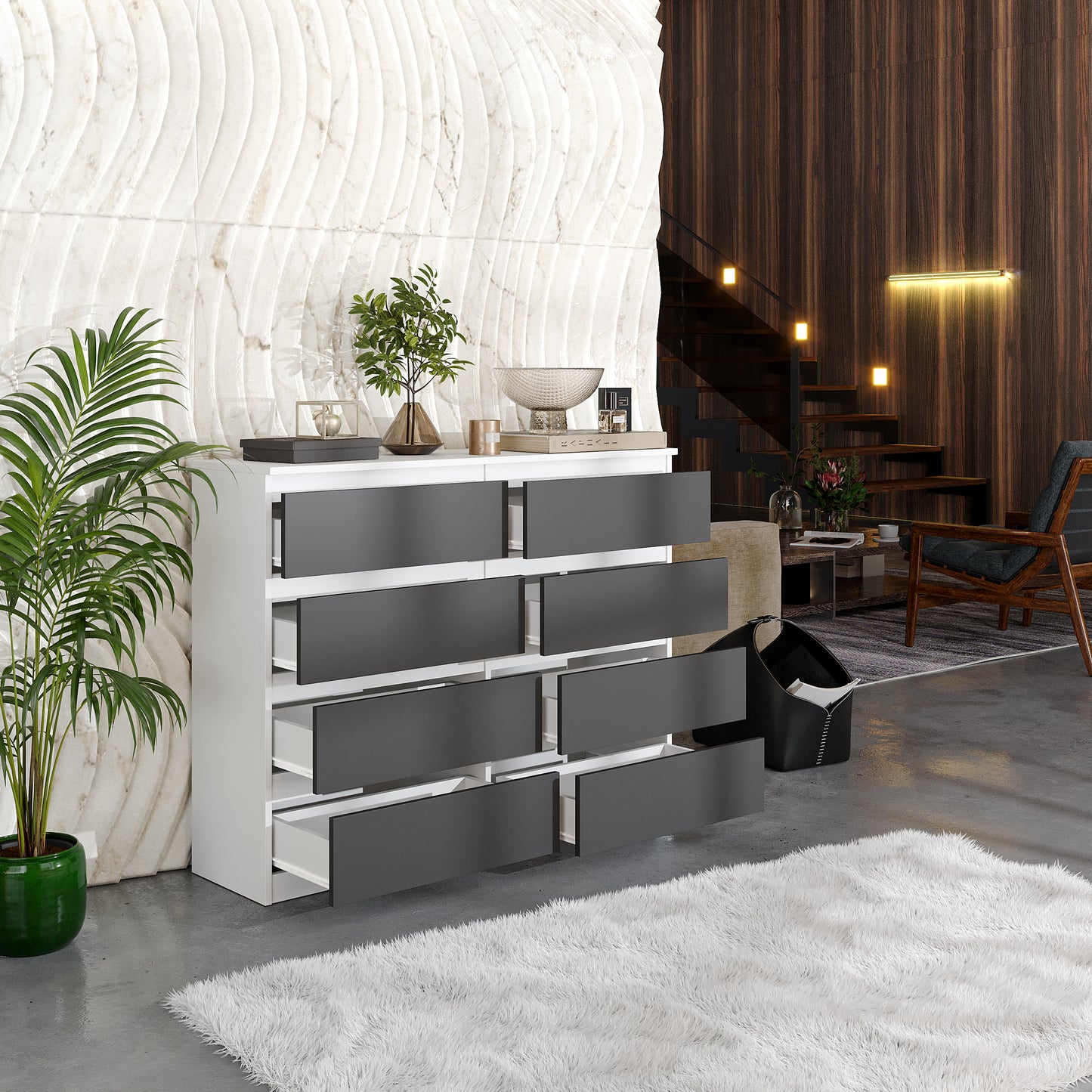 GABRIEL - Commode 8 Tiroirs - Buffet de Chevet - H92 cm L120 cm P33 cm (Blanc Matt / Anthracite)