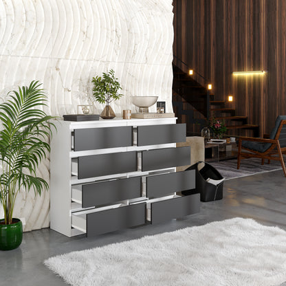 GABRIEL - Commode 8 Tiroirs - Buffet de Chevet - H92 cm L120 cm P33 cm (Blanc Matt / Anthracite)