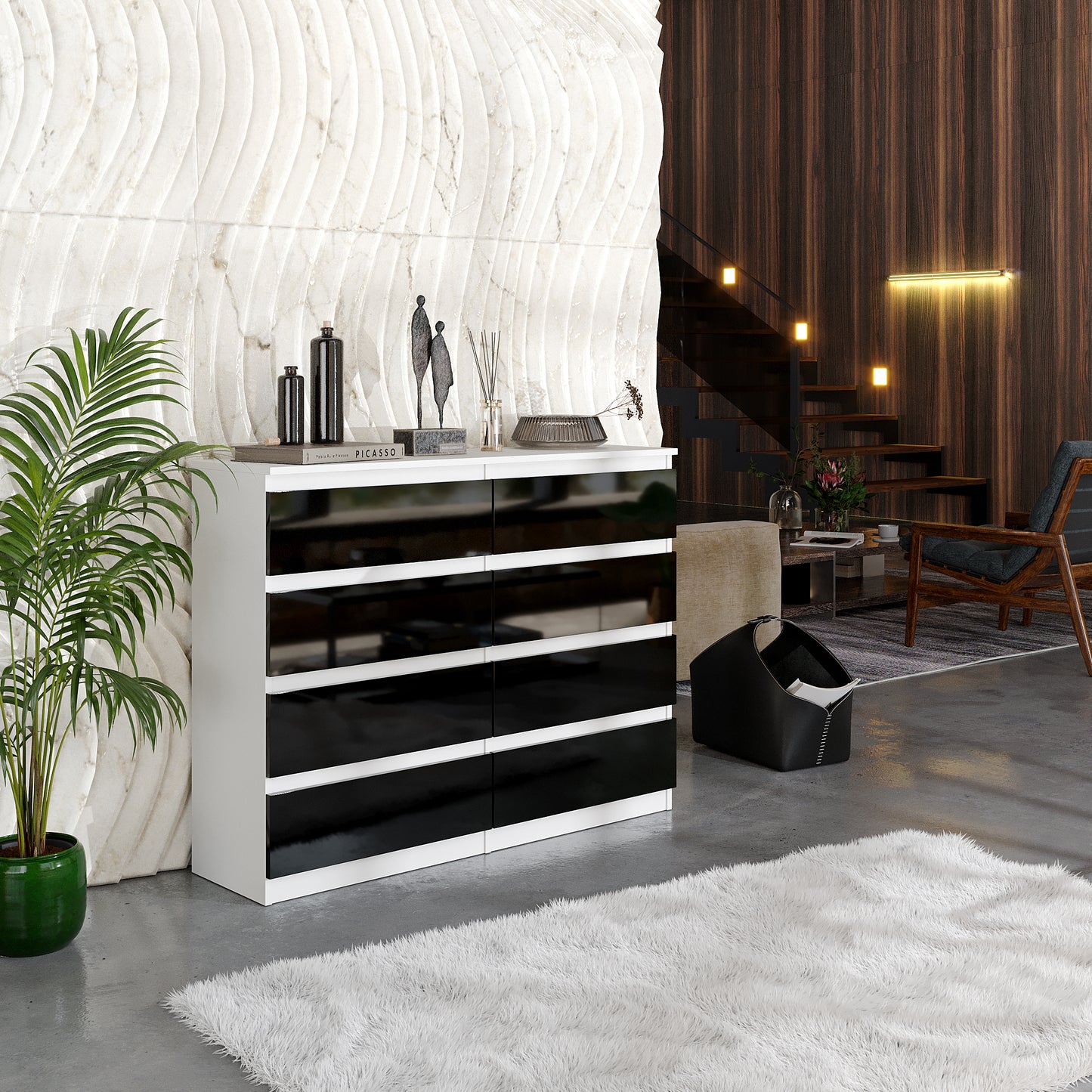 GABRIEL - Commode 8 Tiroirs - Buffet de Chevet - H92 cm L120 cm P33 cm (Blanc / Noir Brillant)