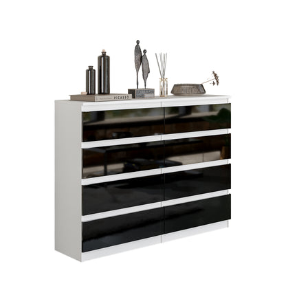 GABRIEL - Commode 8 Tiroirs - Buffet de Chevet - H92 cm L120 cm P33 cm (Blanc / Noir Brillant)