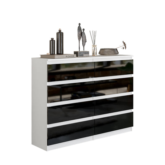 GABRIEL - Commode 8 Tiroirs - Buffet de Chevet - H92 cm L120 cm P33 cm (Blanc / Noir Brillant)