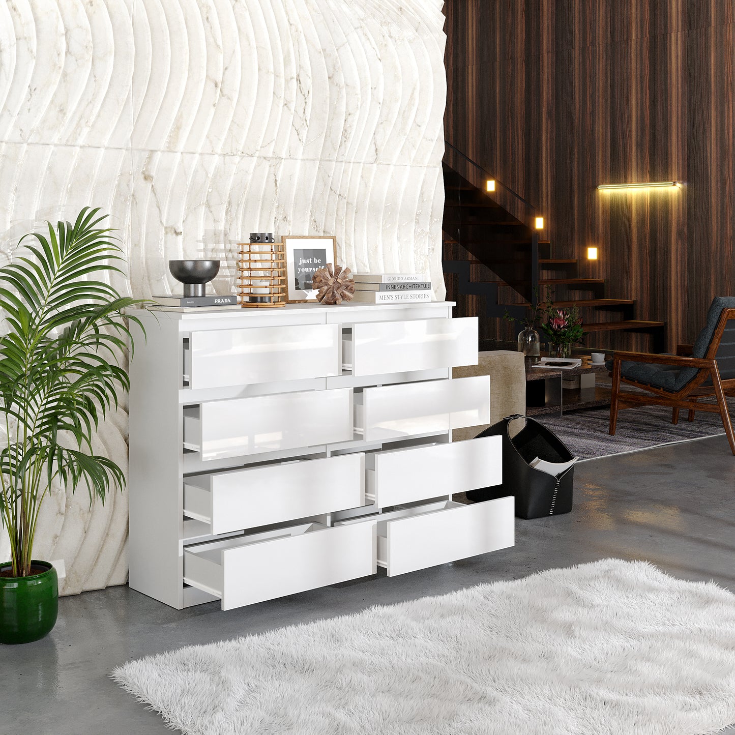 GABRIEL - Commode 8 Tiroirs - Buffet de Chevet - H92 cm L120 cm P33 cm (Blanc Brillant)