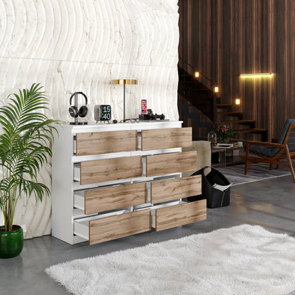 GABRIEL - Commode 8 Tiroirs - Buffet de Chevet - H92 cm L120 cm P33 cm (Blanc / Chêne Wotan)