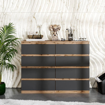 GABRIEL - Commode 8 Tiroirs - Buffet de Chevet - H92 cm L120 cm P33 cm (Chêne Wotan / Anthracite)