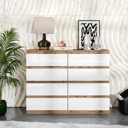 GABRIEL - Commode 8 Tiroirs - Buffet de Chevet - H92 cm L120 cm P33 cm (Chêne Wotan / Blanc Brillant)