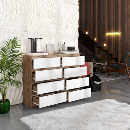 GABRIEL - Commode 8 Tiroirs - Buffet de Chevet - H92 cm L120 cm P33 cm (Chêne Wotan / Blanc Matt)