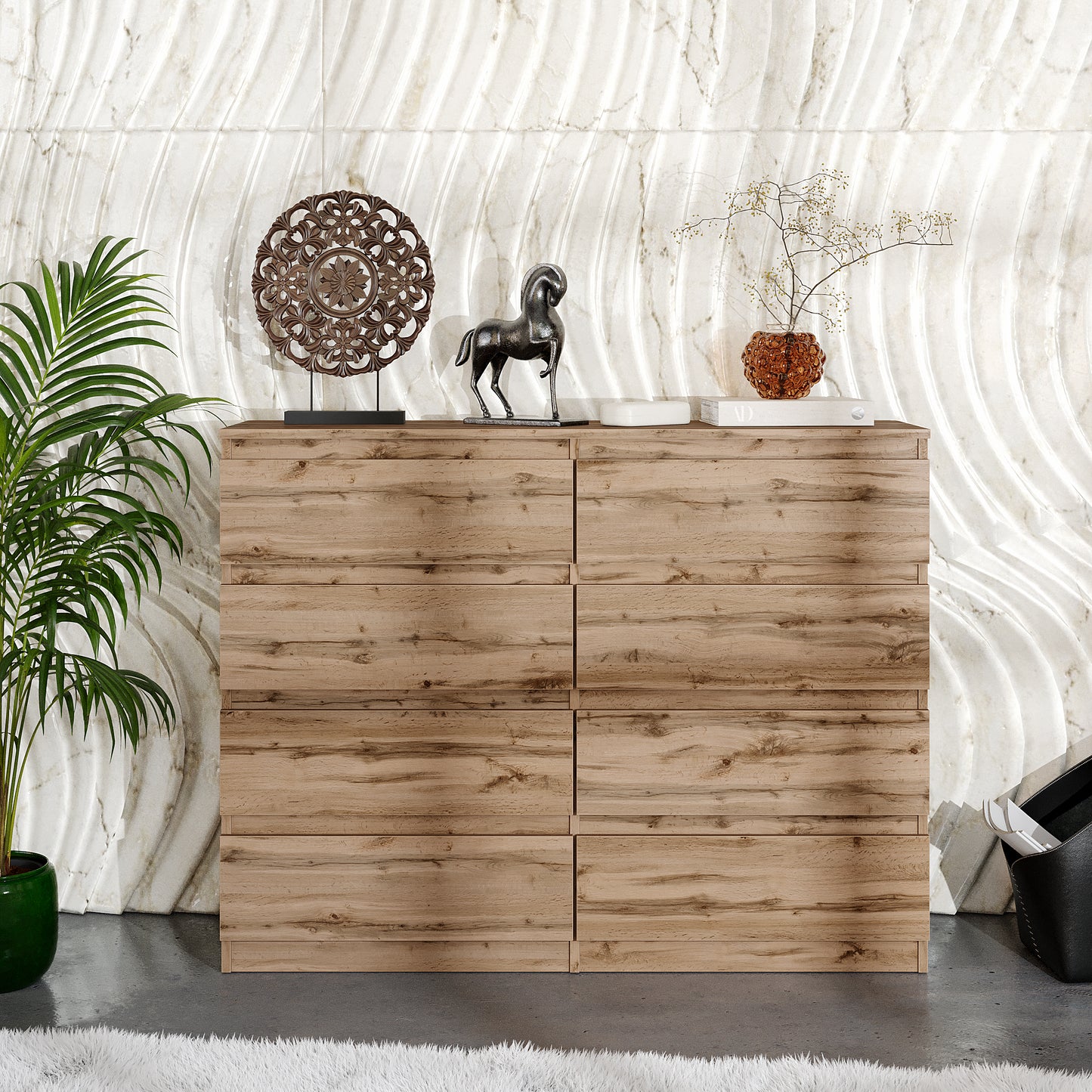 GABRIEL - Commode 8 Tiroirs - Buffet de Chevet - H92 cm L120 cm P33 cm (Chêne Wotan)