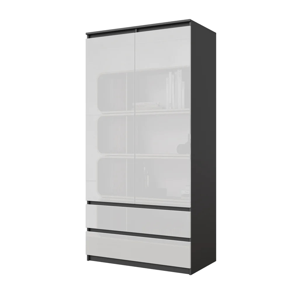 JOELLE - Armoire 2 Portes avec 2 Tiroirs - Anthracite / Blanc Brillant H180cm L90cm P50cm