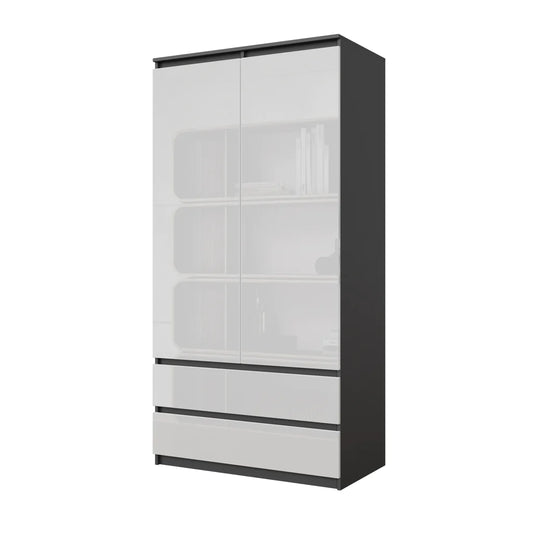 JOELLE - Armoire 2 Portes avec 2 Tiroirs - Anthracite / Blanc Brillant H180cm L90cm P50cm