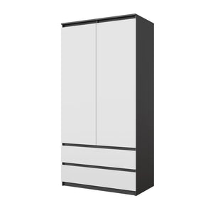 JOELLE - Armoire 2 Portes avec 2 Tiroirs - Anthracite / Blanc Mat H180cm L90cm P50cm