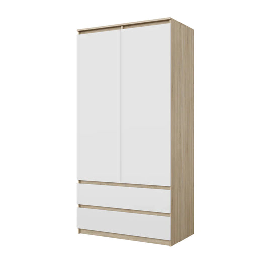JOELLE - Armoire 2 Portes avec 2 Tiroirs - Chêne Sonoma / Blanc Matt H180cm L90cm P50cm