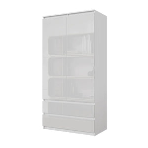 JOELLE - Armoire 2 Portes avec 2 Tiroirs - Blanc Mat / Blanc Brillant H180cm L90cm P50cm