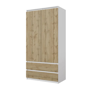 JOELLE - Armoire 2 Portes avec 2 Tiroirs - Blanc Mat / Chêne Wotan H180cm L90cm P50cm