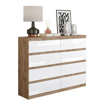 GABRIEL - Commode 8 Tiroirs - Buffet de Chevet - H92 cm L120 cm P33 cm (Chêne Wotan / Blanc Brillant)