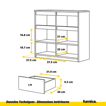 NOAH - Commode 2 Tiroirs et 2 Portes - Meuble de Rangement pour Couloir/Chambre - Buffet - H75cm L80cm P35cm (Blanc/Chêne Wotan)