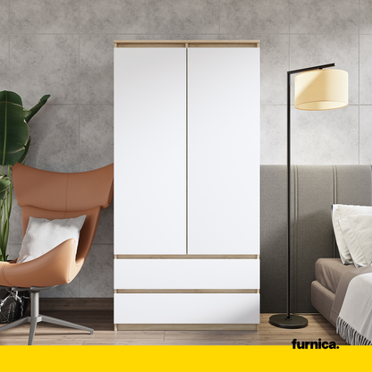 JOELLE - Armoire 2 Portes avec 2 Tiroirs - Chêne Sonoma / Blanc Matt H180cm L90cm P50cm