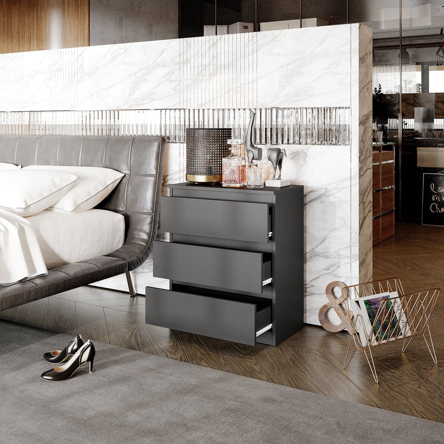 GABRIEL - Commode / Table de Chevet - 3 Tiroirs –  Anthracite – H72cm L60cm P33cm