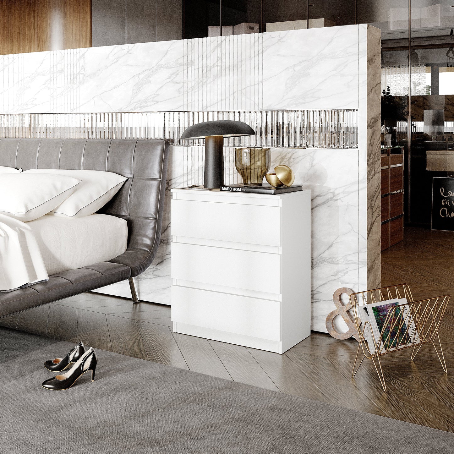 GABRIEL - Commode / Table de Chevet - 3 Tiroirs –  Blanc Mat – H72cm L60cm P33cm