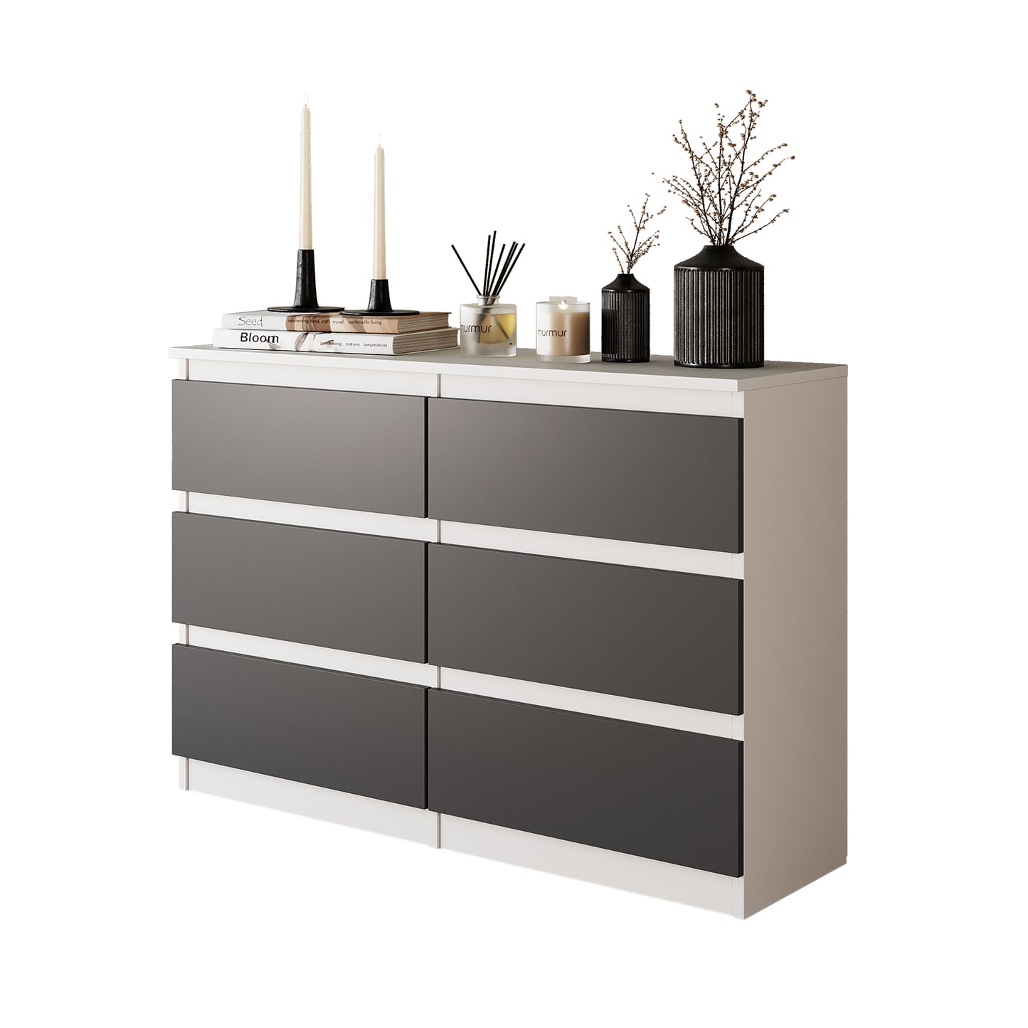 GABRIEL - Commode 6 Tiroirs - Buffet de Chevet - H71 cm L100 cm P33 cm (Blanc Matt / Anthracite)