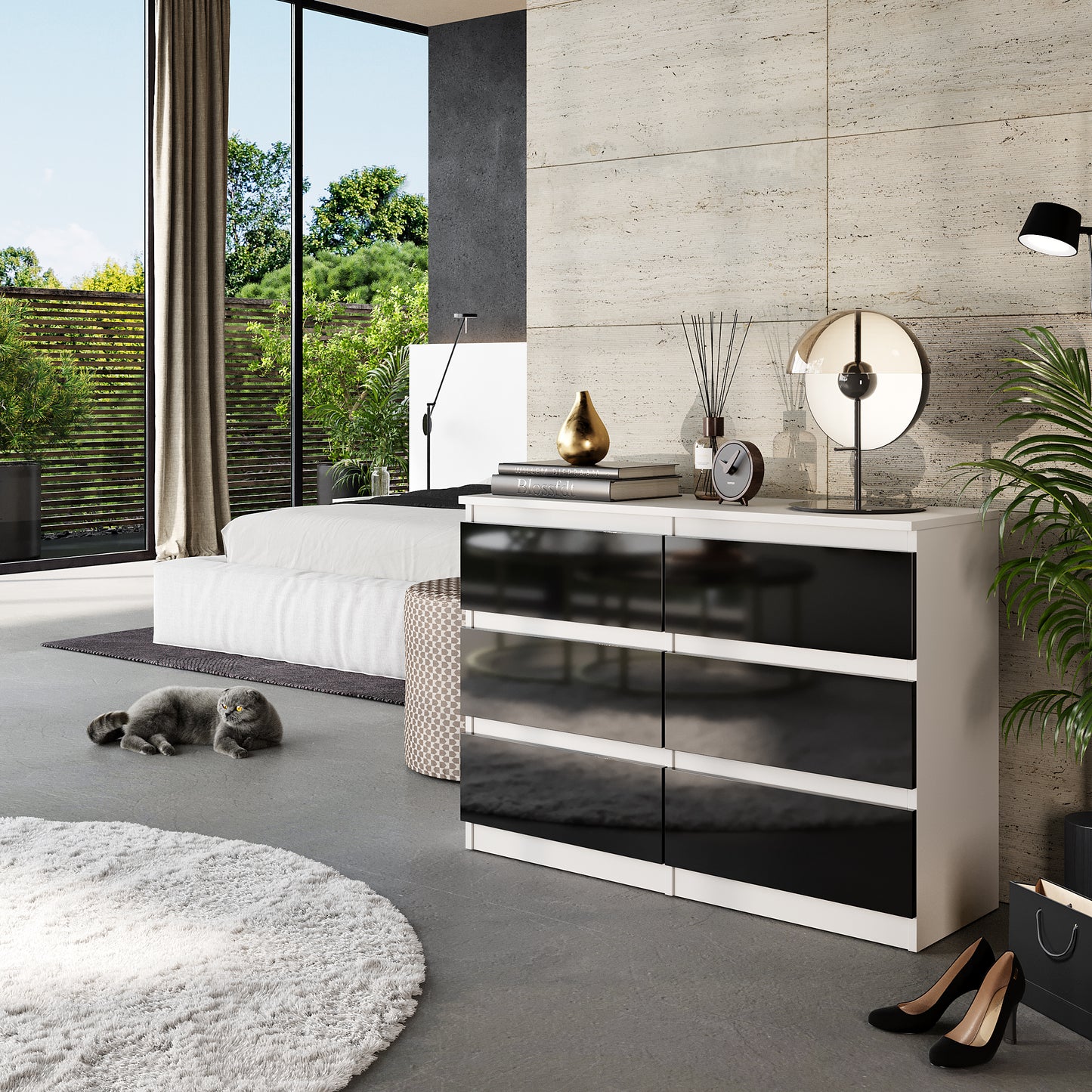 GABRIEL - Commode 6 Tiroirs - Buffet de Chevet - H71 cm L100 cm P33 cm (Blanc / Noir Brillant)