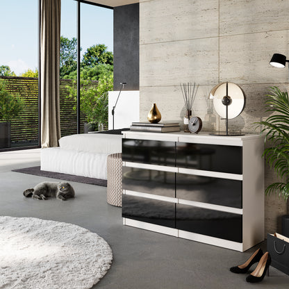 GABRIEL - Commode 6 Tiroirs - Buffet de Chevet - H71 cm L100 cm P33 cm (Blanc / Noir Brillant)