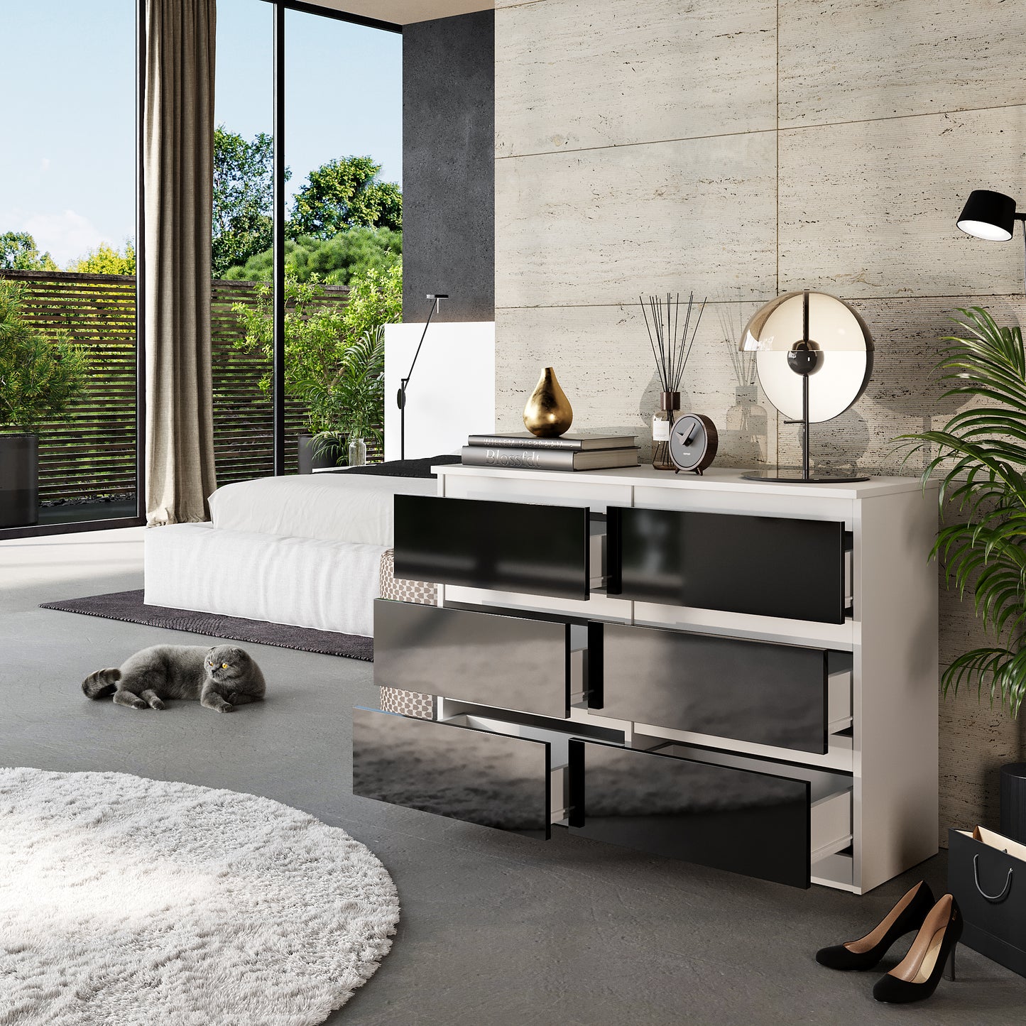 GABRIEL - Commode 6 Tiroirs - Buffet de Chevet - H71 cm L100 cm P33 cm (Blanc / Noir Brillant)