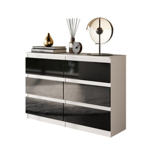 GABRIEL - Commode 6 Tiroirs - Buffet de Chevet - H71 cm L100 cm P33 cm (Blanc / Noir Brillant)