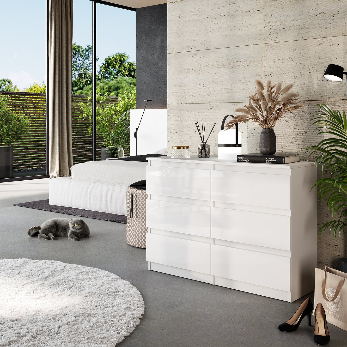 GABRIEL - Commode 6 Tiroirs - Buffet de Chevet - H71 cm L100 cm P33 cm (Blanc Matt / Blanc Brillant)