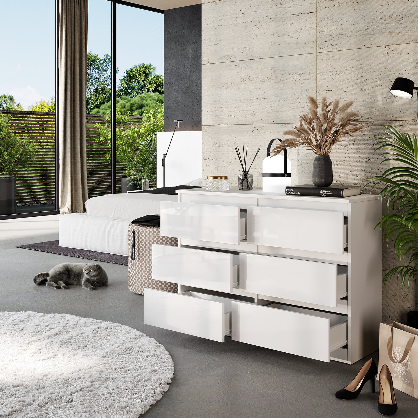 GABRIEL - Commode 6 Tiroirs - Buffet de Chevet - H71 cm L100 cm P33 cm (Blanc Matt / Blanc Brillant)