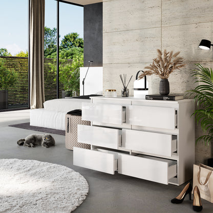GABRIEL - Commode 6 Tiroirs - Buffet de Chevet - H71 cm L100 cm P33 cm (Blanc Matt / Blanc Brillant)