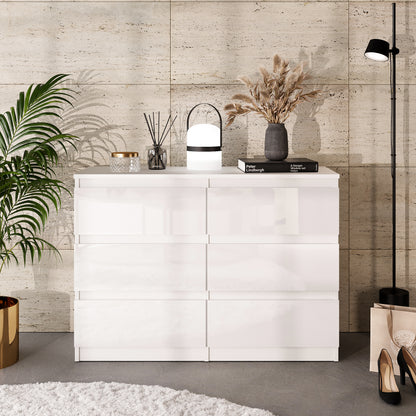 GABRIEL - Commode 6 Tiroirs - Buffet de Chevet - H71 cm L100 cm P33 cm (Blanc Matt / Blanc Brillant)