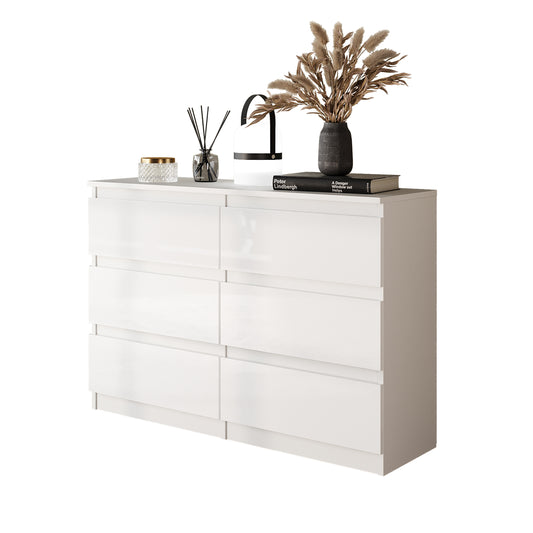 GABRIEL - Commode 6 Tiroirs - Buffet de Chevet - H71 cm L100 cm P33 cm (Blanc Matt / Blanc Brillant)
