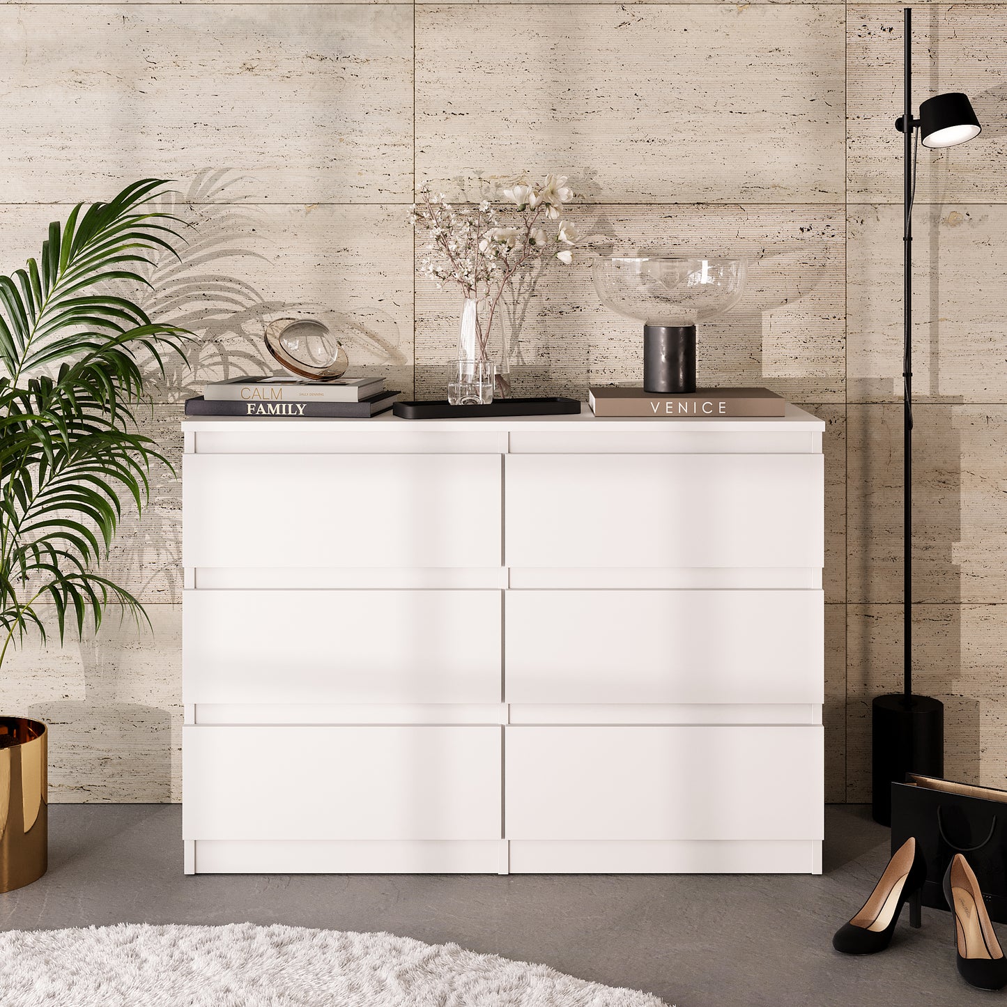 GABRIEL - Commode 6 Tiroirs - Buffet de Chevet - H71 cm L100 cm P33 cm (Blanc)